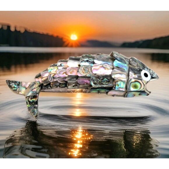 Vintage Brass Abalone Articulated Trout Bottle Opener Fish Barware Breweriana - Picture 1 of 9